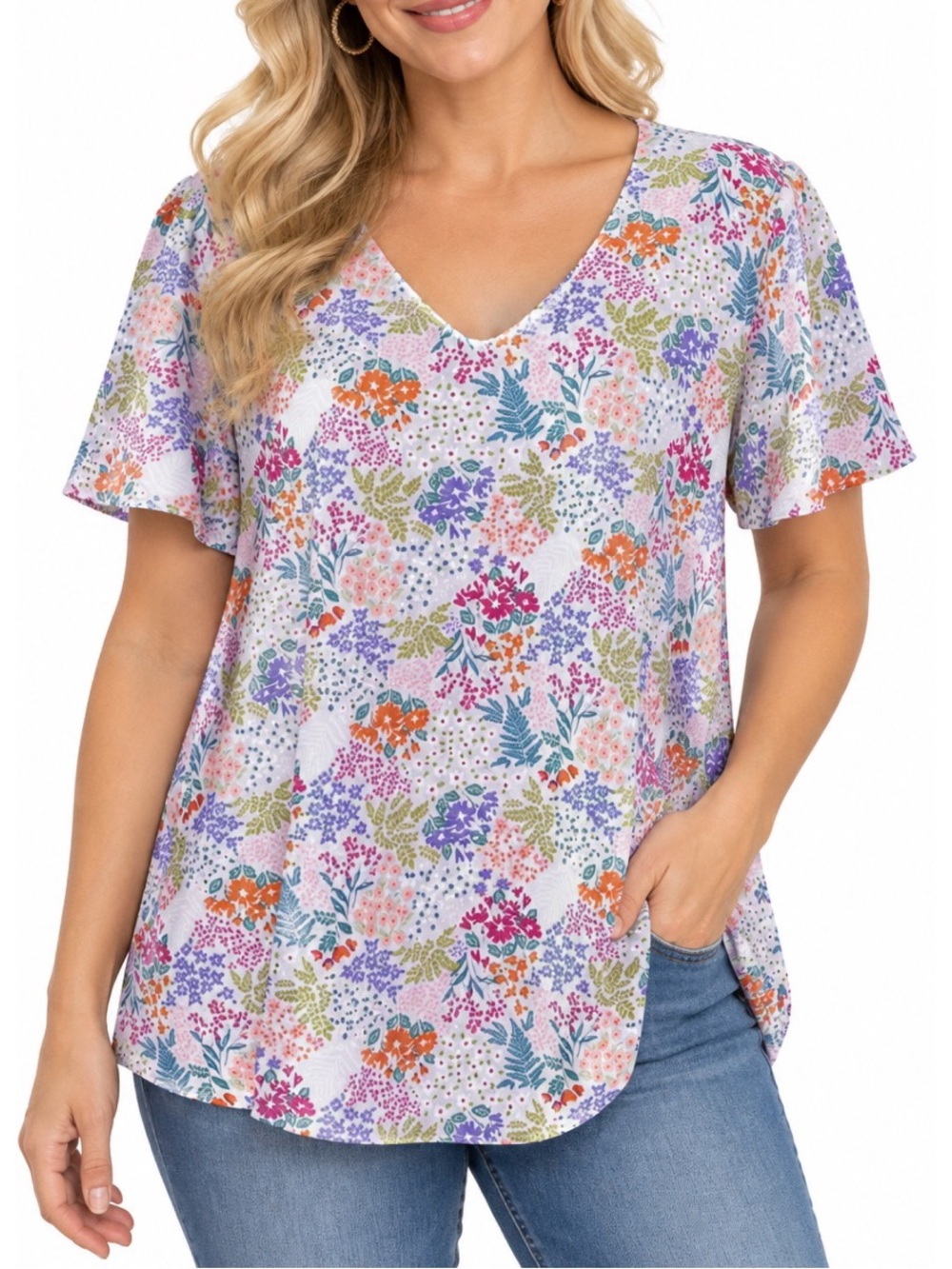 Heimish purple short sleeve blouse with colorful floral print